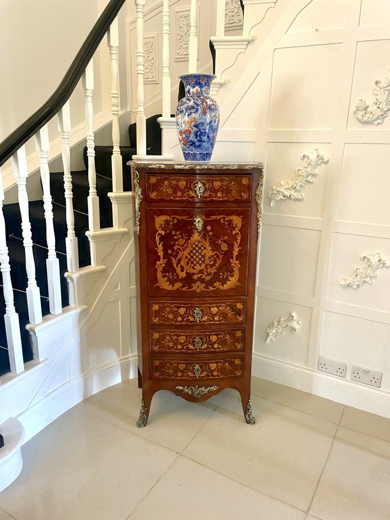 Antique Victorian French Quality Kingwood Marquetry Inlaid Marble Top Bombe Shaped Secretaire Chest - Image 4